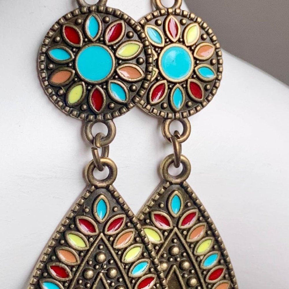 Ethnic Boho 'Vintage' Gold Round & Teardrop Multicolor Turquoise Flower Earrings